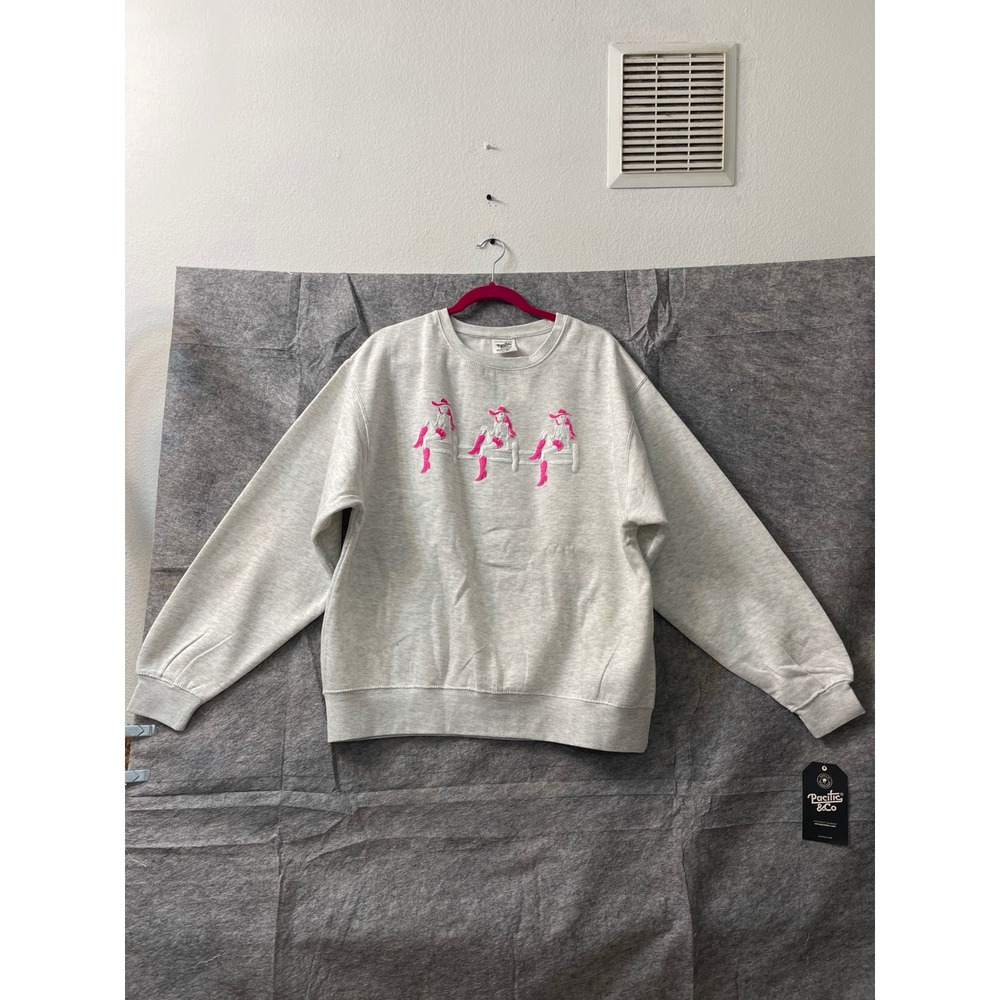 Pacific & Co Heather Gray Pink Skeleton Cowgirl Embroidered Sweatshirt XL - Picture 2 of 14